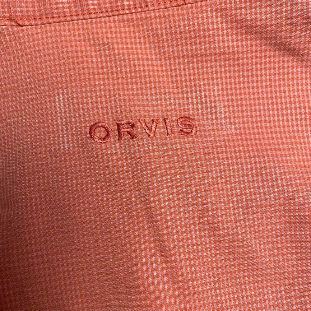 Orvis Mens Large Orange Micro Check Short Sleeve Vented Fishing Shirt Button Up - Picture 10 of 16
